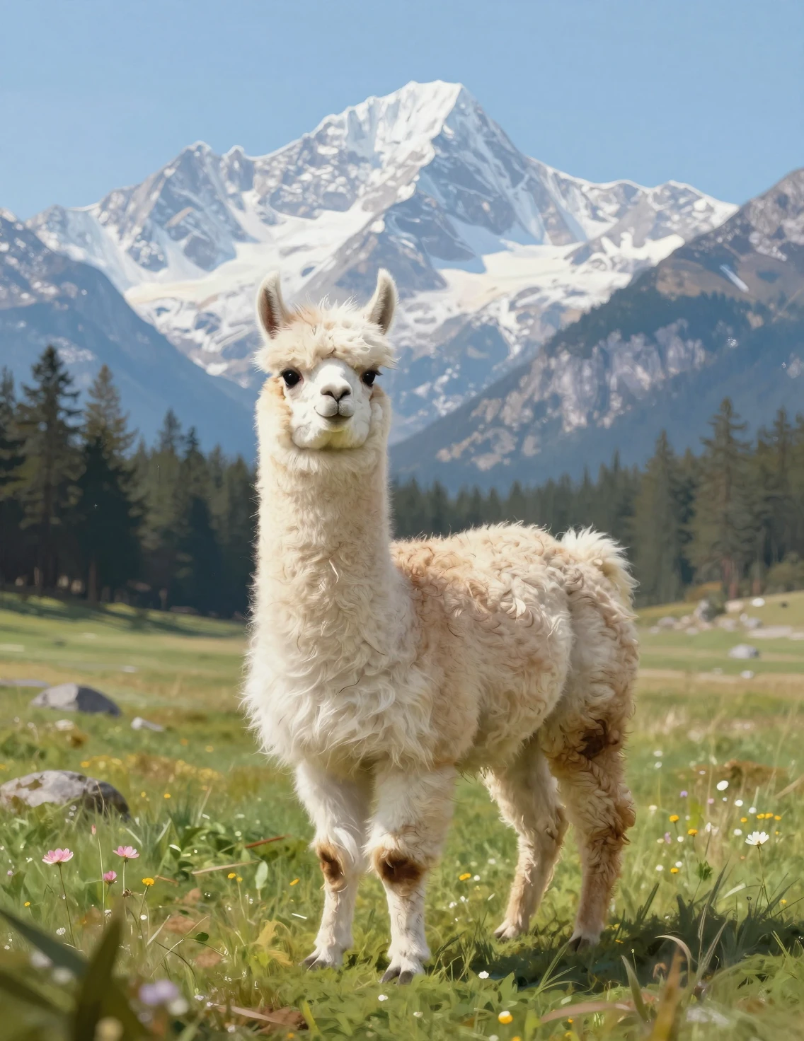Dolce lama in un prato di inizio primavera con montagne ghiacciate