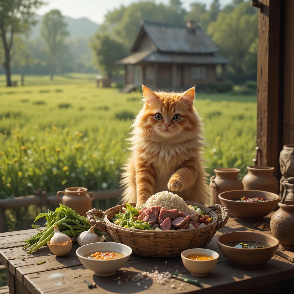 Gato alegre cozinhando ao lado de um fogão em campos de mostarda