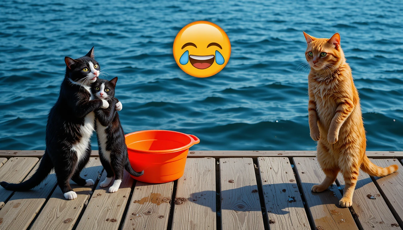 Gatos brincalhões em um píer de madeira com um gato ruivo encharcado