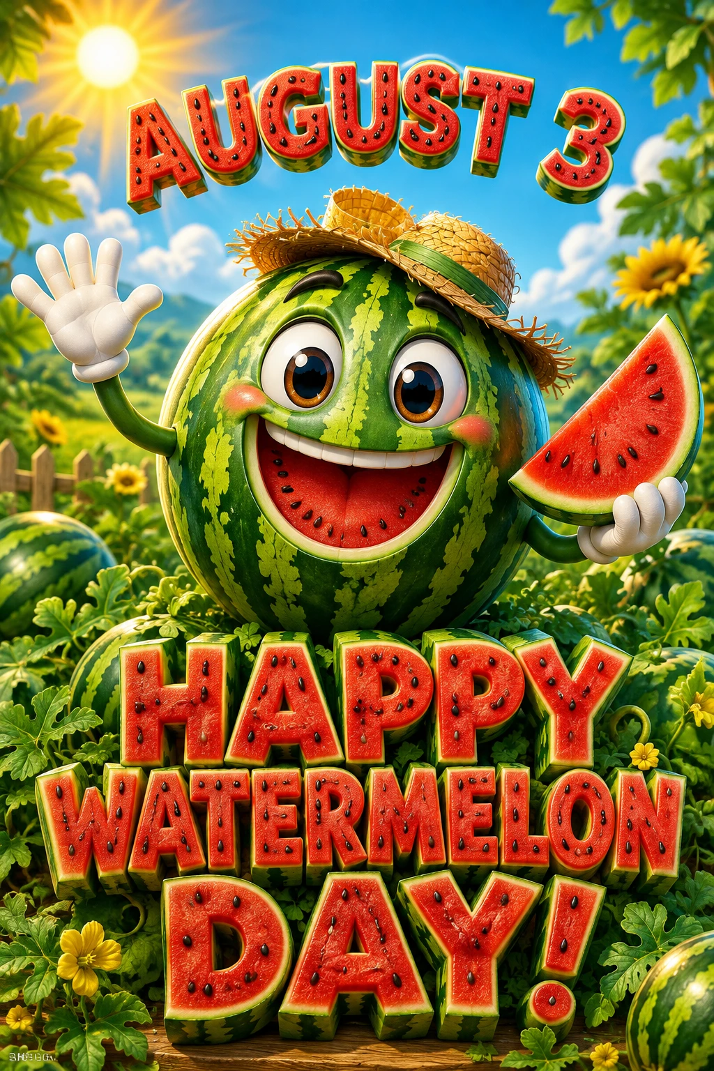 Personagem de melancia sorridente em desenho animado na natureza ensolarada