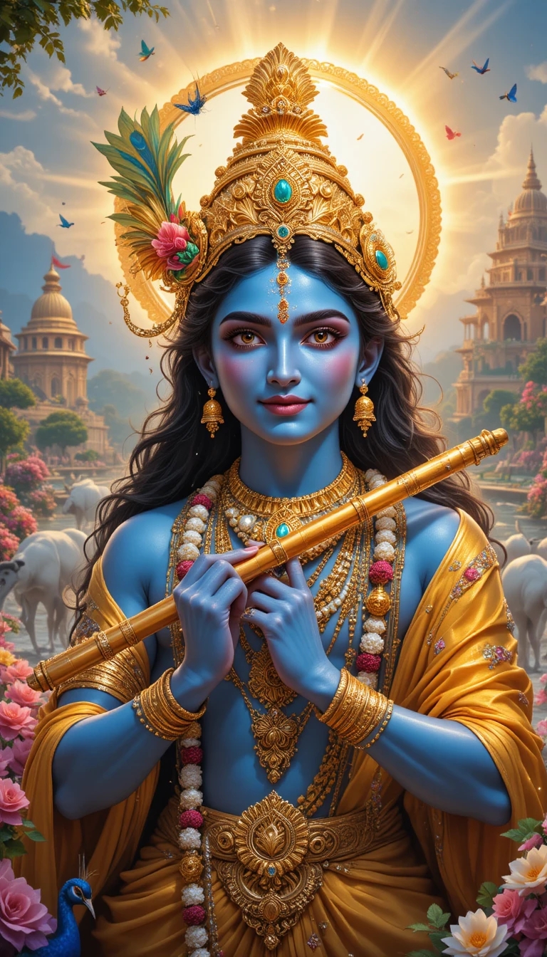 Divine blue skinned deity with flute and golden crown