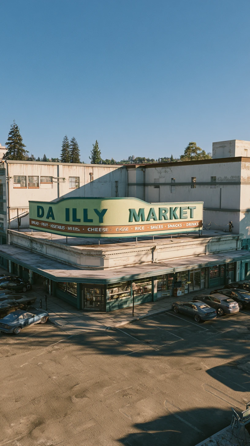 Corner neighborhood grocery store under bright midday sunlight
