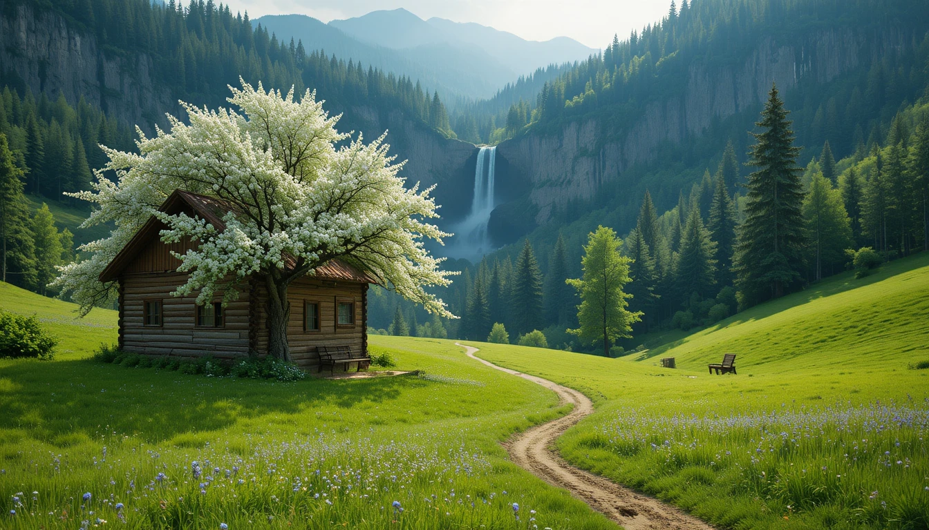 Wooden cabin on green hill with blossoming tree and bench