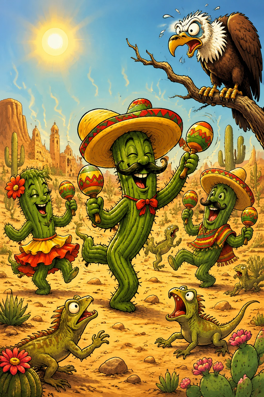 Dancing cartoon cactuses in sombreros in a sunny desert