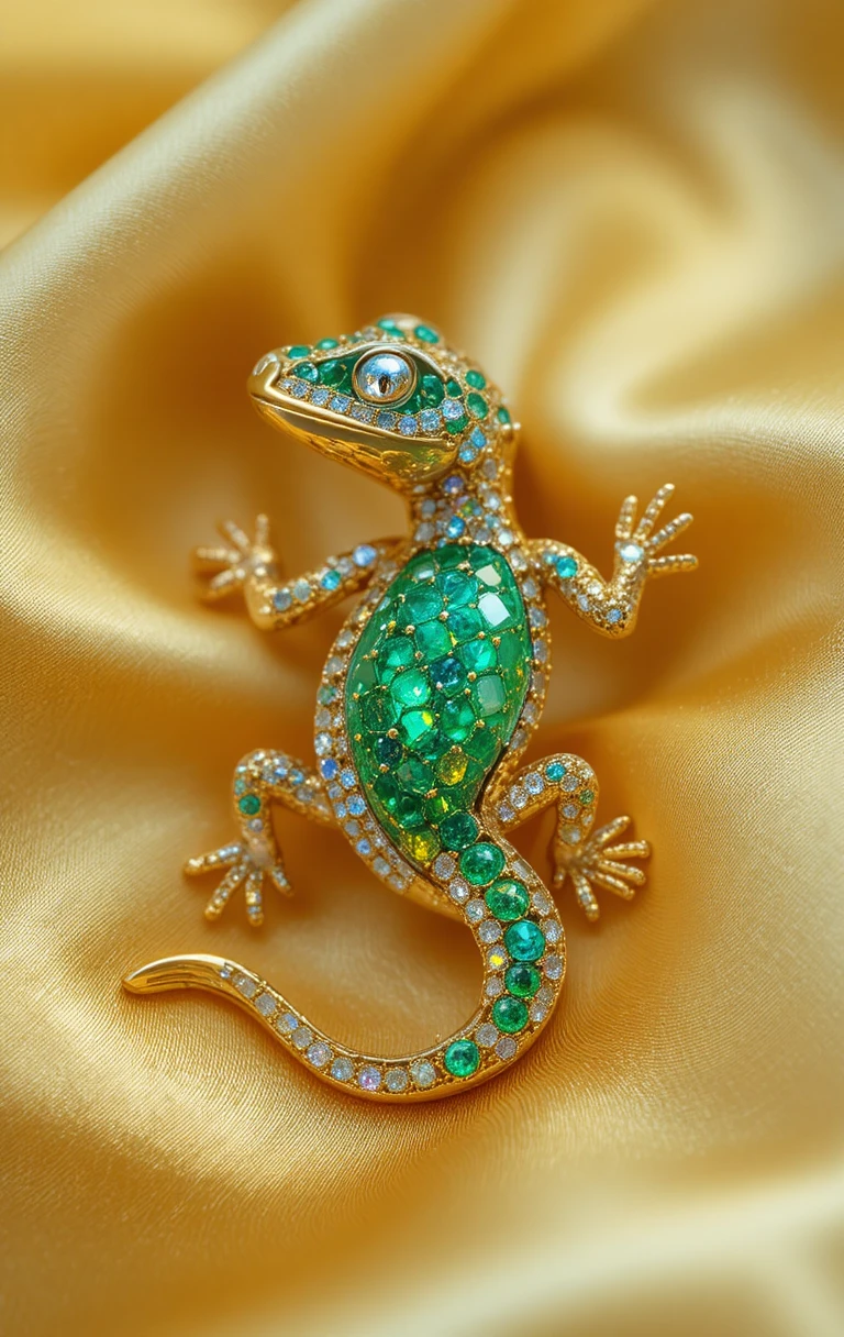 Goldene Salamander-Brosche mit funkelnden Smaragden