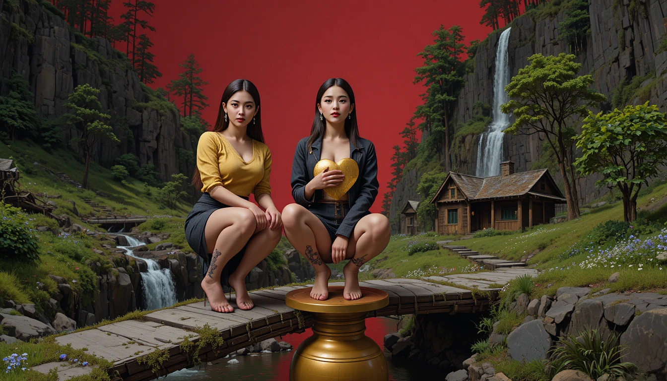 Drei Frauen auf einer Holzbrücke über einem Waldwasserfall