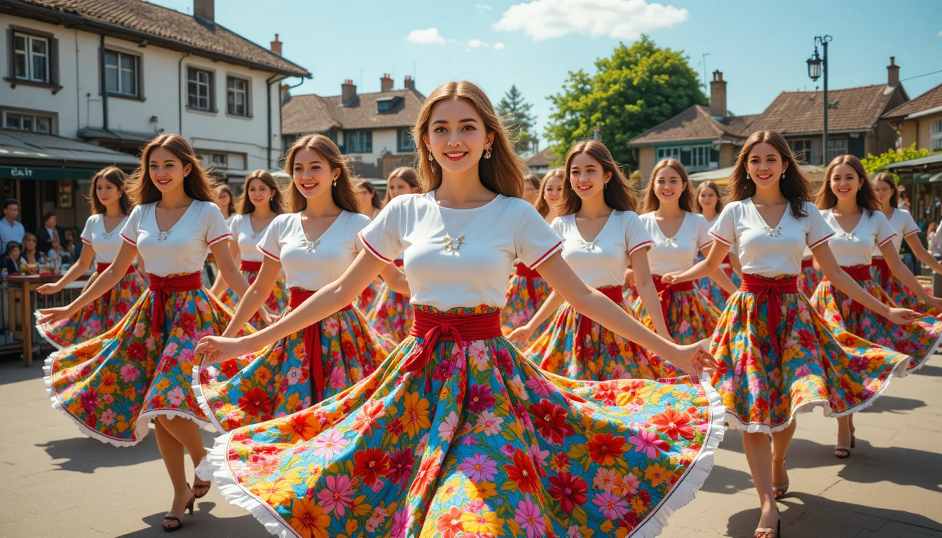 Junge Frauen in Blumenröcken beim Volkstanz im Freien