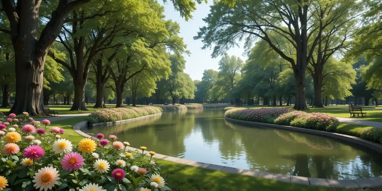 Parque tranquilo com lago, árvores e canteiros de flores coloridos