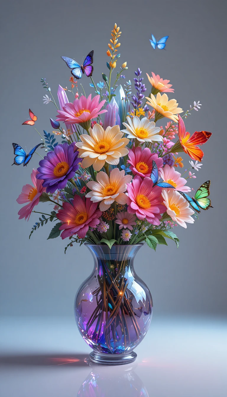 Kristall-Wildblumenstrauß, der mit zarten Schmetterlingen leuchtet