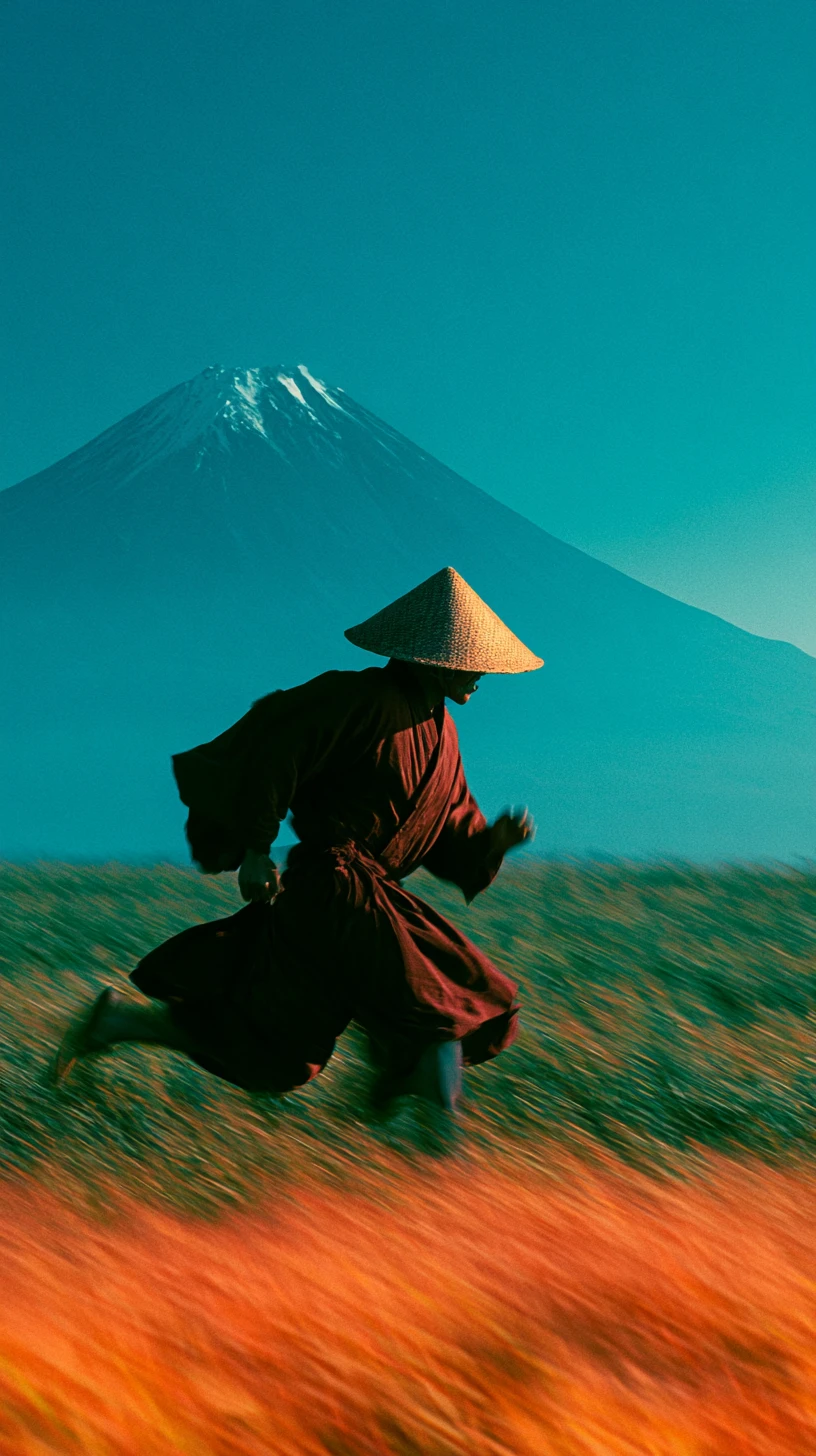 富士山前奔跑於草原中的日本僧人