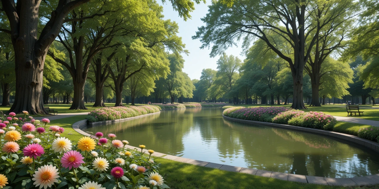 Parque tranquilo com lago, árvores e canteiros de flores coloridos