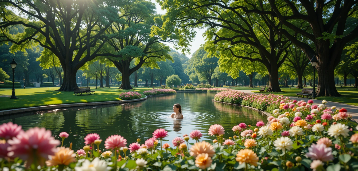 Estanque de parque bañado por el sol con dalias y árboles verdes arqueados