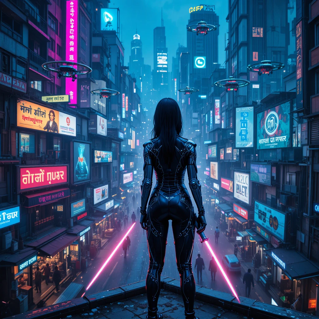 Megacidade indiana cyberpunk com guerreira cibernética