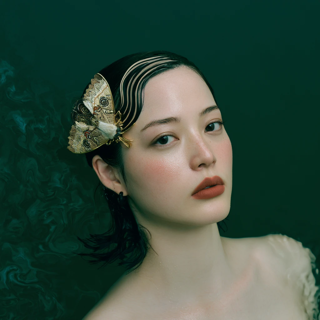 Top down portrait of a woman floating in green water