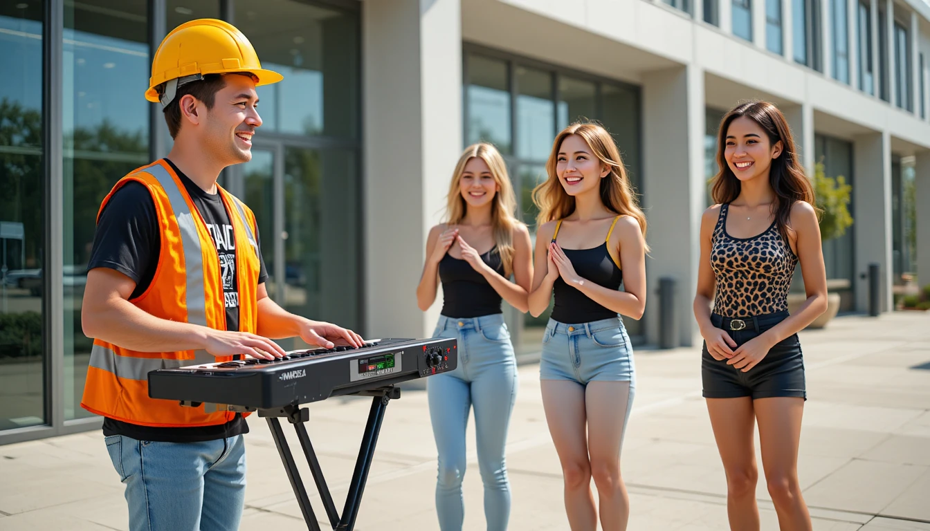 Operaio edile che suona la tastiera per tre donne sorridenti
