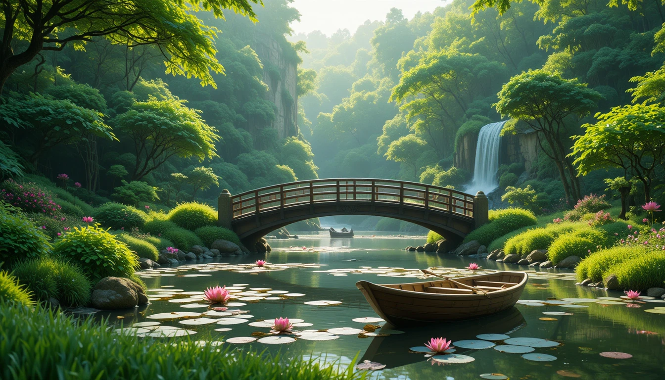 木橋與蓮花池畔的靜謐日式庭園