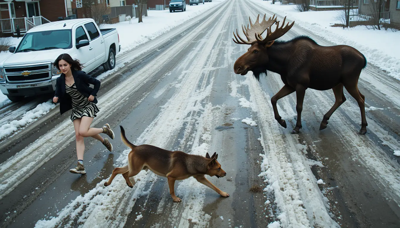 Alce, donna e cane sfrecciano lungo una strada suburbana innevata