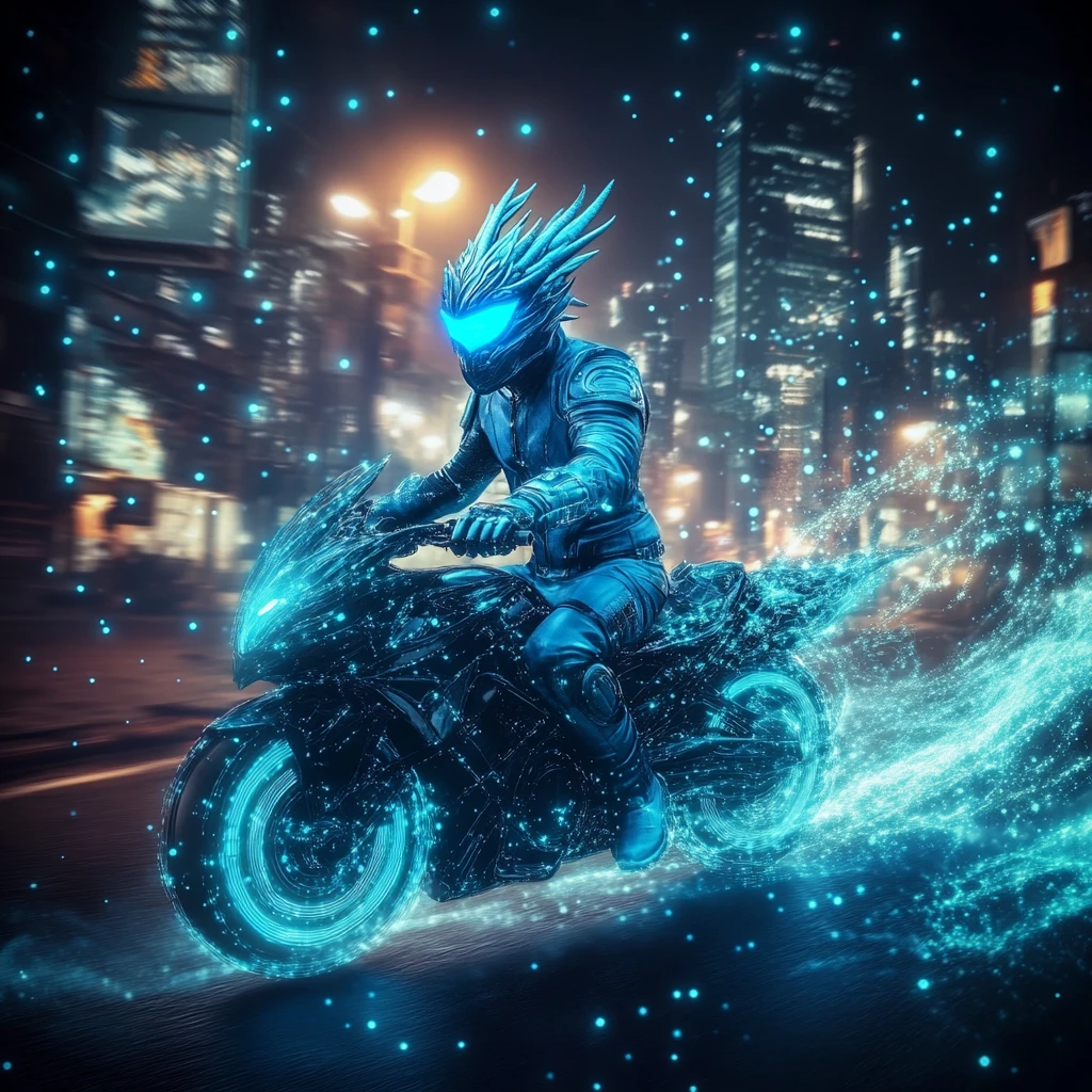 Motociclista cyberpunk em moto-dragão na noite da cidade neon