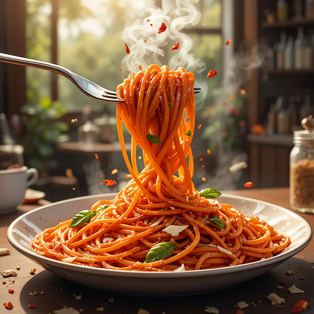 Würzige Anime-Pasta auf einer Gabel im warmen Licht
