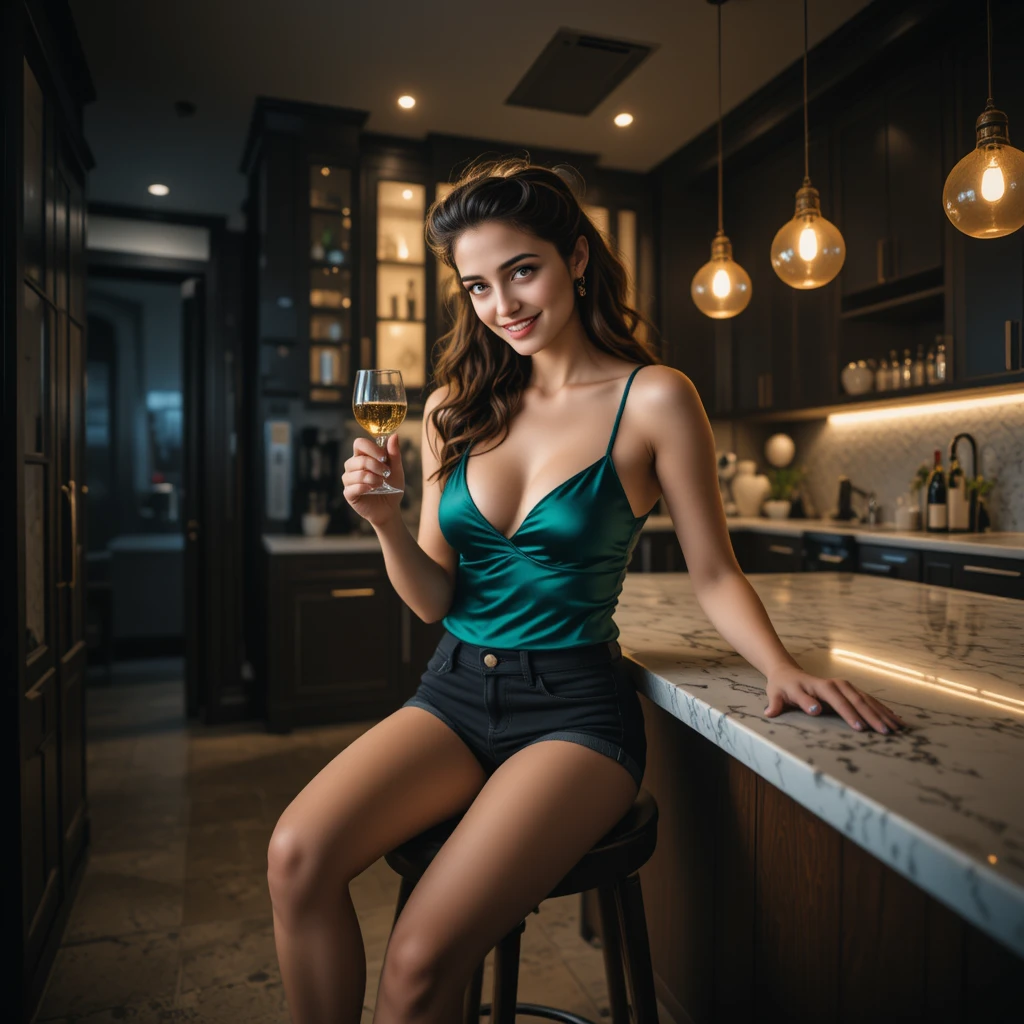 夜のモダンな暗いキッチンでバースツールに座る若い女性