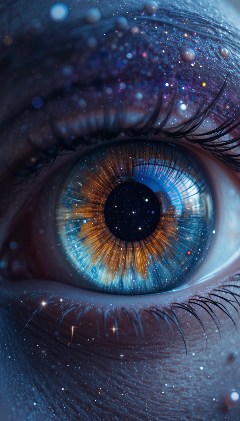 Close-up hiper-realista de uma íris humana como paisagem cósmica