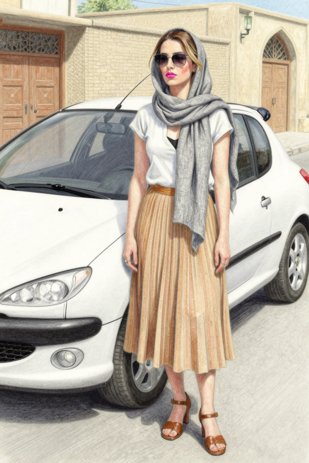 Iranian woman in sunglasses standing by white city car