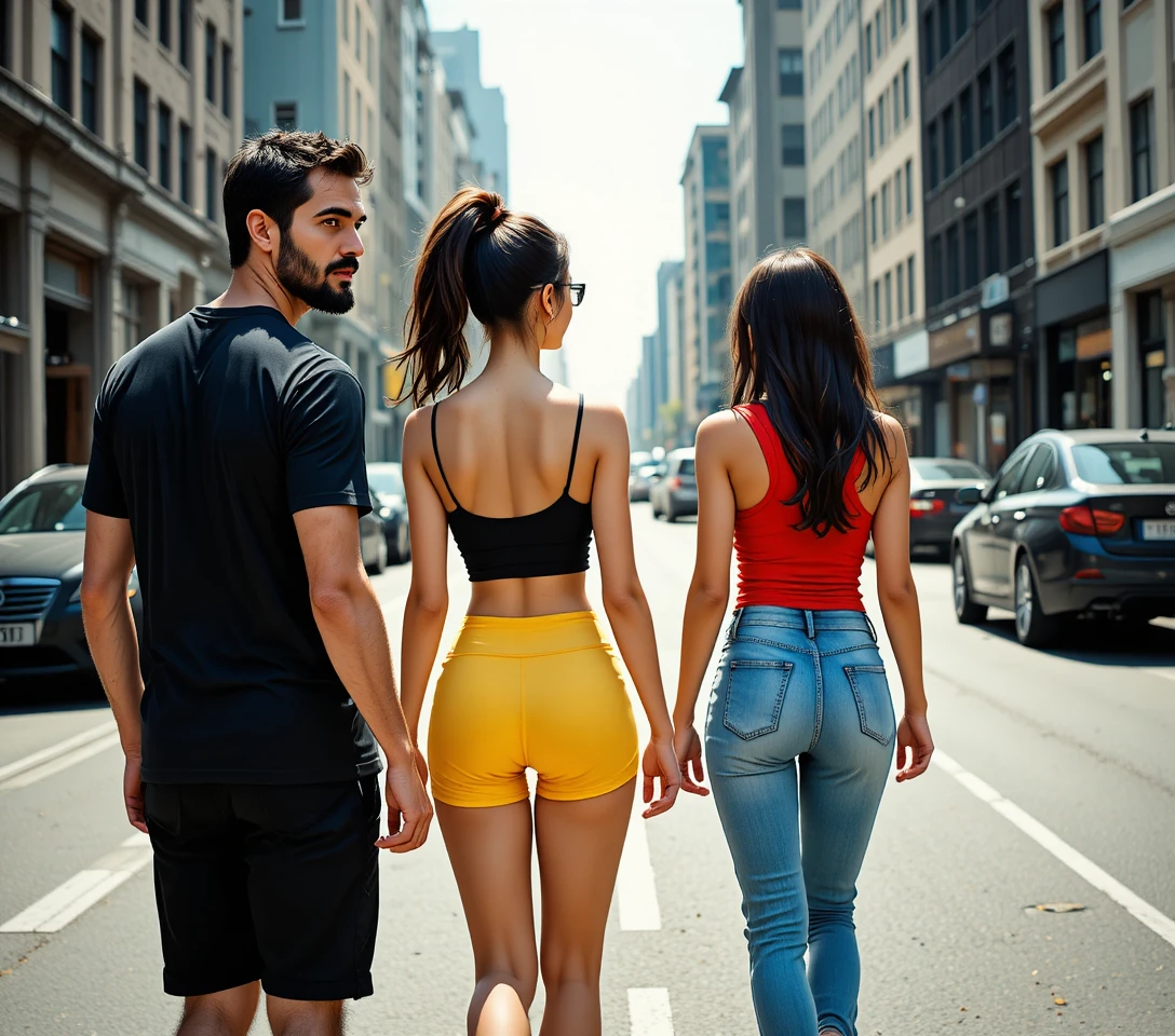 Homem olhando de relance para duas mulheres andando na rua da cidade