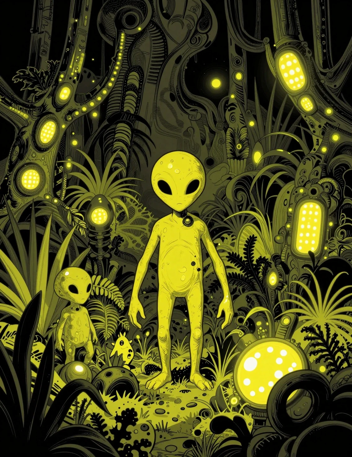Pianeta alieno cartoon con regno spirituale giallo e paesaggio al neon