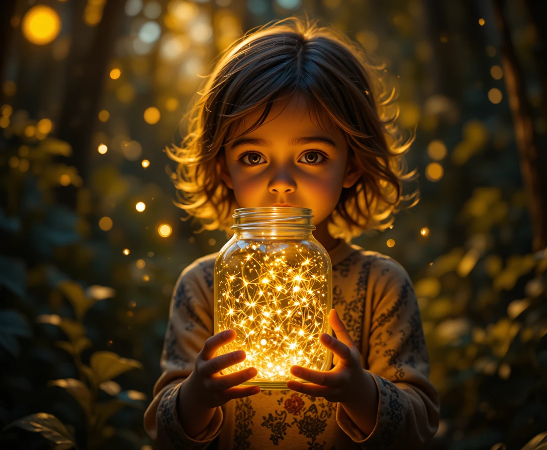 Kind mit leuchtendem Glühwürmchenglas im dunklen Wald