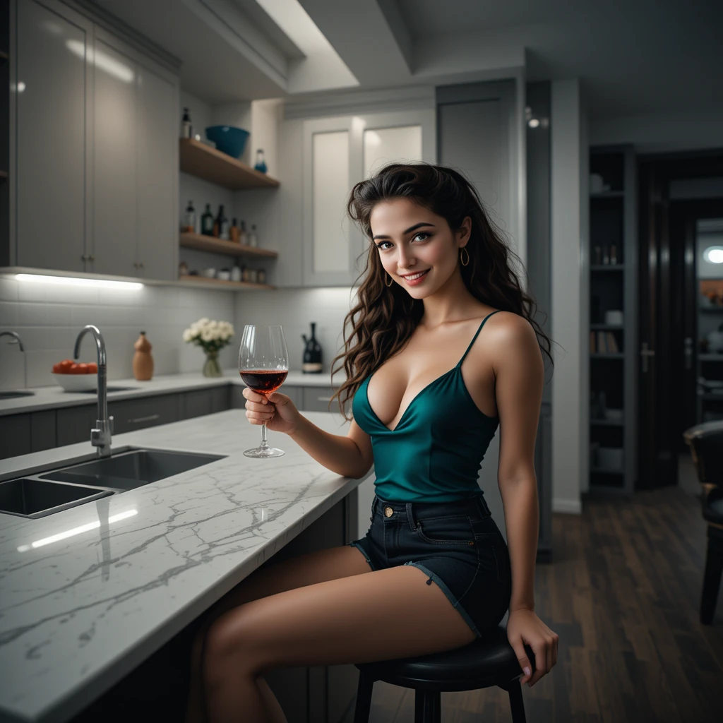 Jovem sentada em banqueta em cozinha moderna e escura