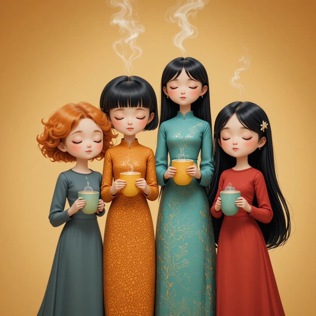 Filles fantaisistes avec mugs fumants en douce illustration numérique