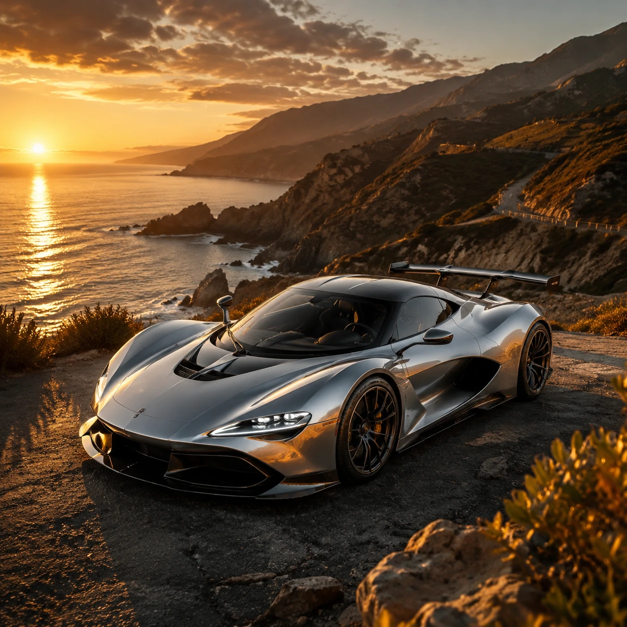Silver hypercar on a dramatic ocean cliff at sunset