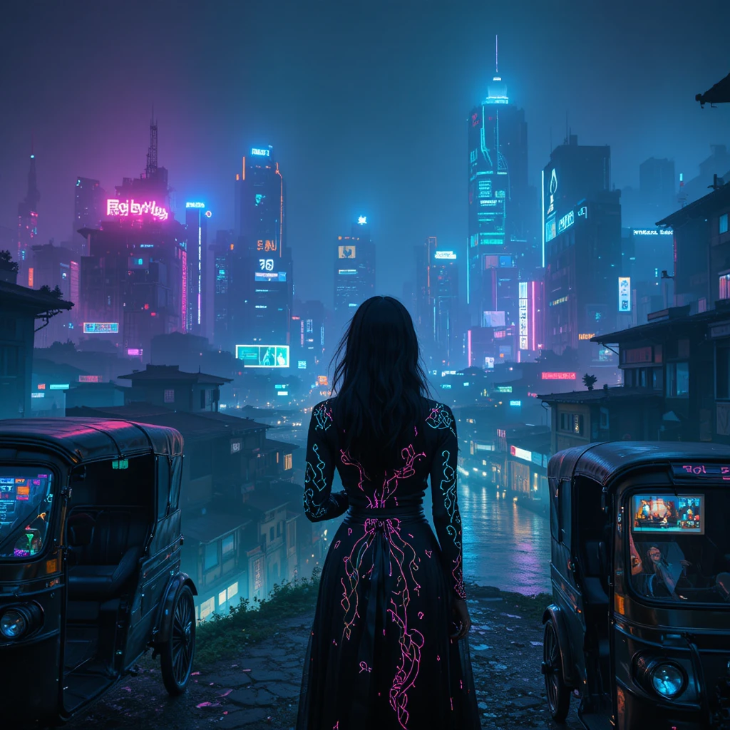 Femme néon cyberpunk surplombant une ville futuriste embrumée