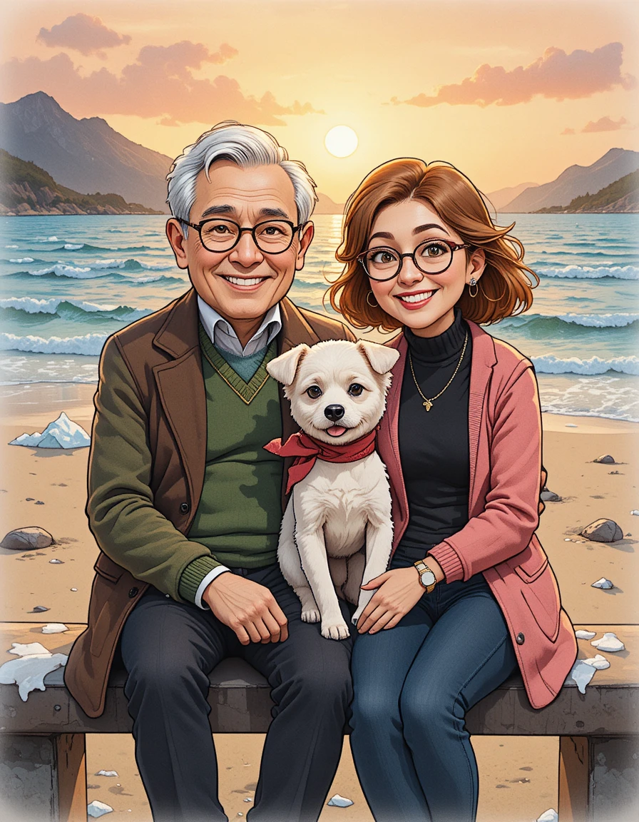Smiling elderly couple on a bench facing the sea