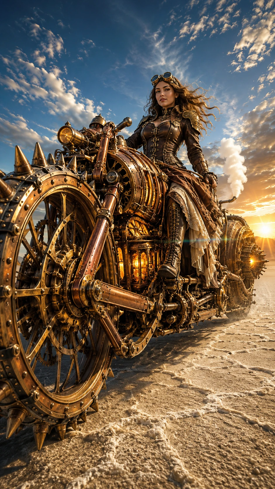 Femme steampunk lançant un bolide en laiton sur les plaines salées du désert