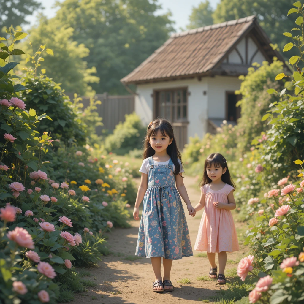 Jeune fille marchant dans un paisible jardin de village