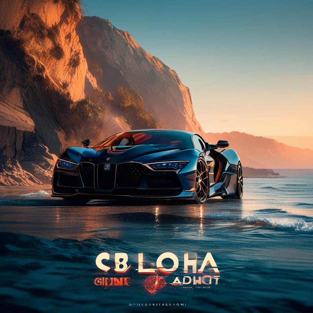 Hypercar prateado em um penhasco ao pôr do sol sobre o oceano