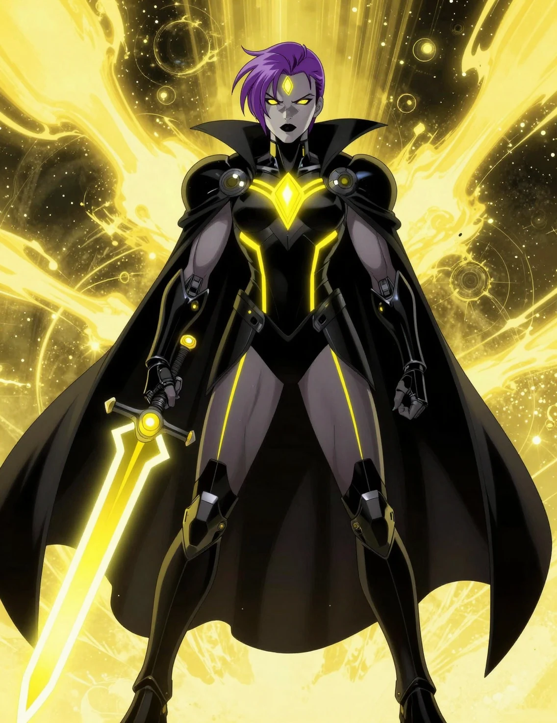 Guerreira futurista de anime em armadura preta brilhante