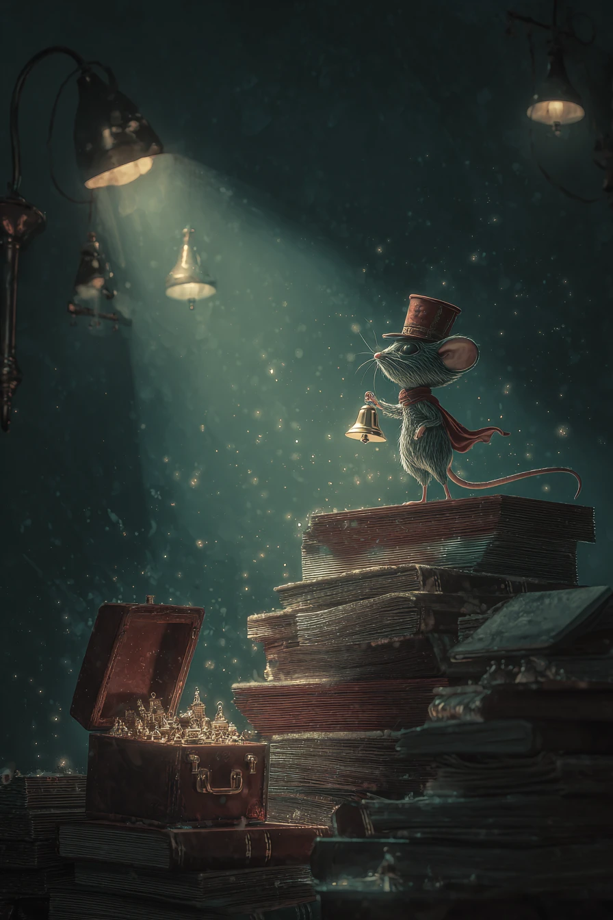 Rato maestro em pilha de livros em sótão mágico