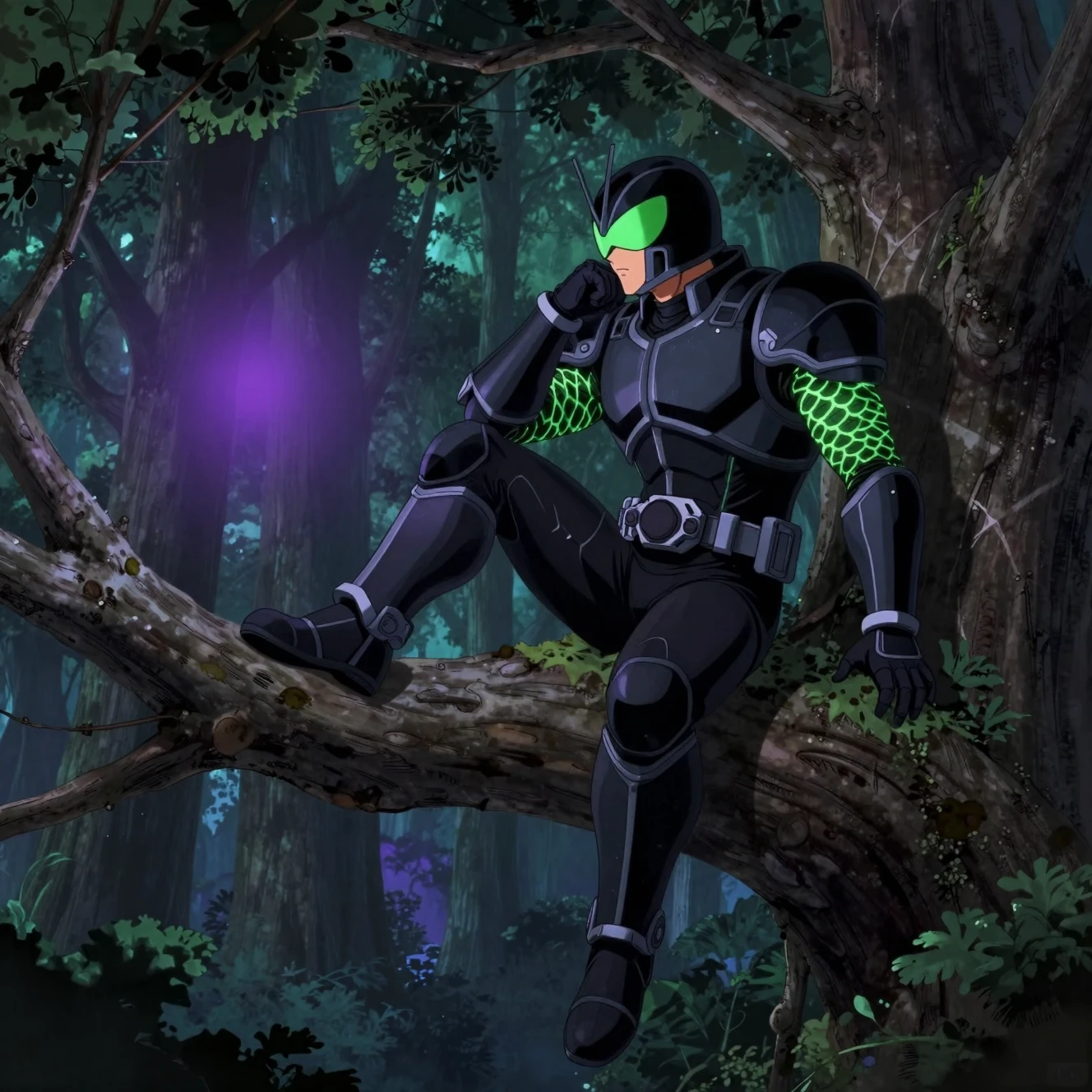 Homem blindado em galho de árvore na floresta observando luz roxa