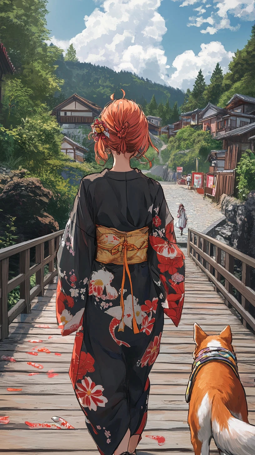 Anime girl with red hair walking on a wooden bridge