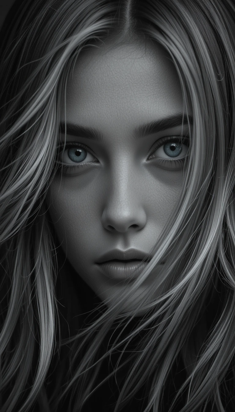 Moody monochrome portrait of woman with flowing hair