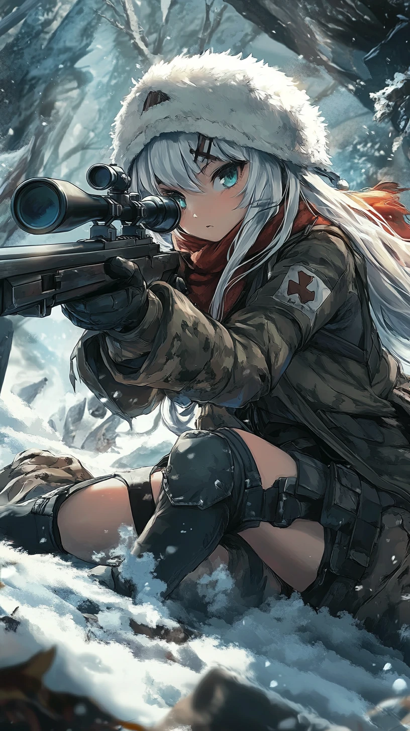 Camouflaged anime sniper girl aiming toward distant dark monster