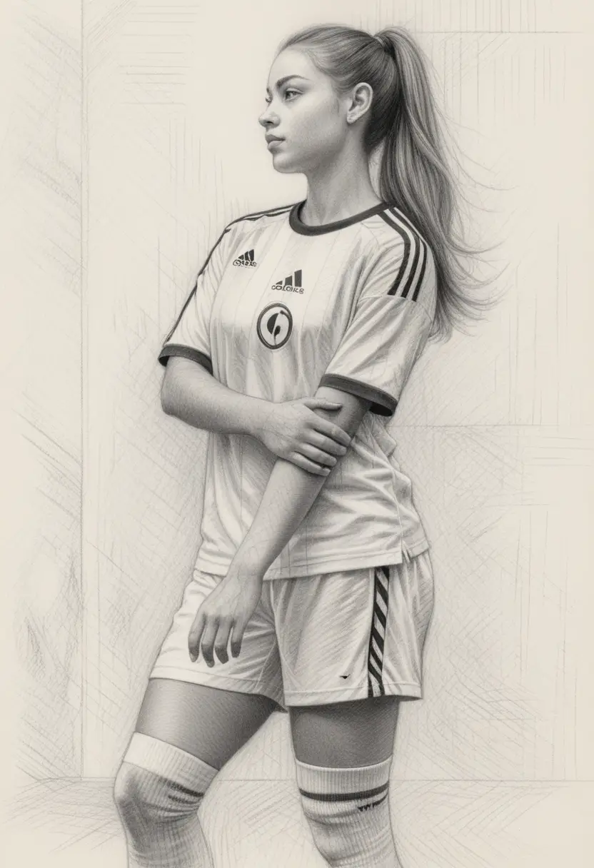 Graphite profile portrait of a focused female football player