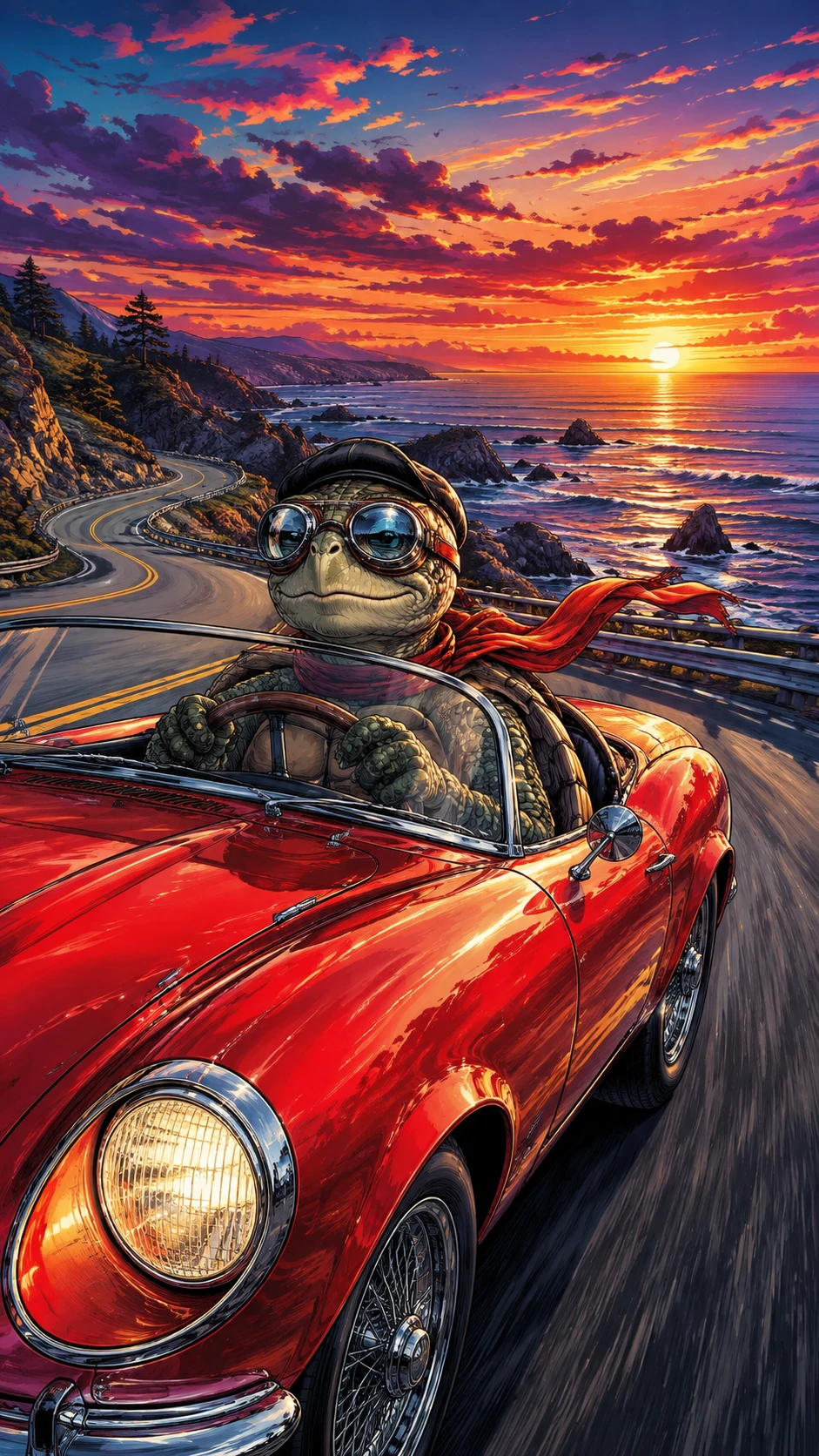 Tartaruga antropomorfa alla guida di una cabriolet rossa al tramonto
