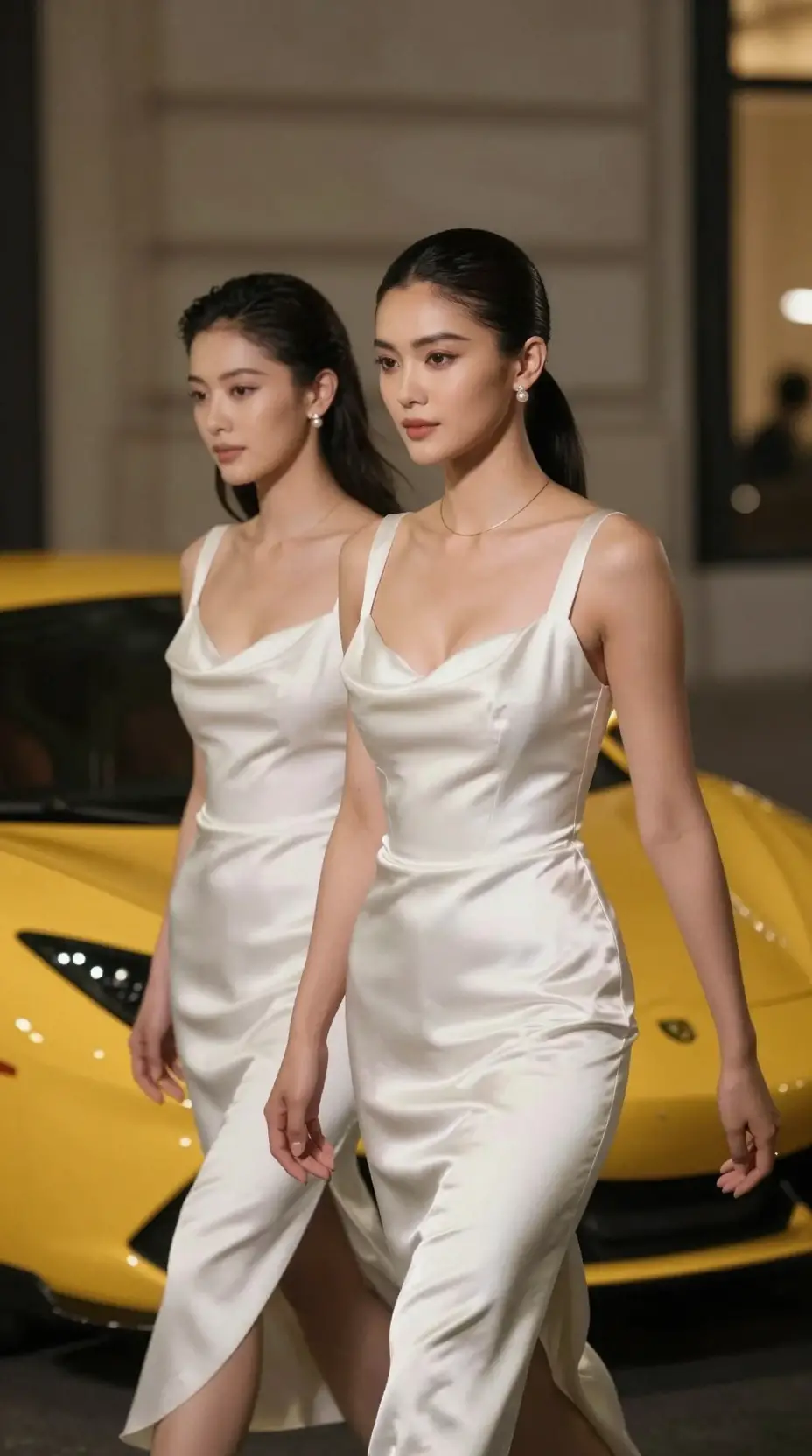 Two women in white satin dresses walking by sports car