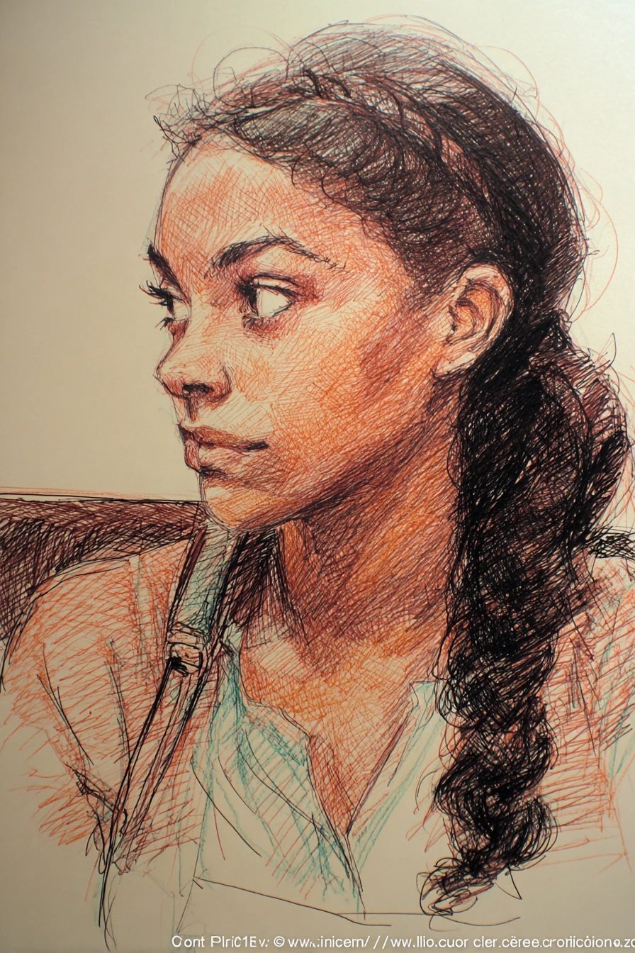 Pen drawing portrait of a serene girl in football jersey