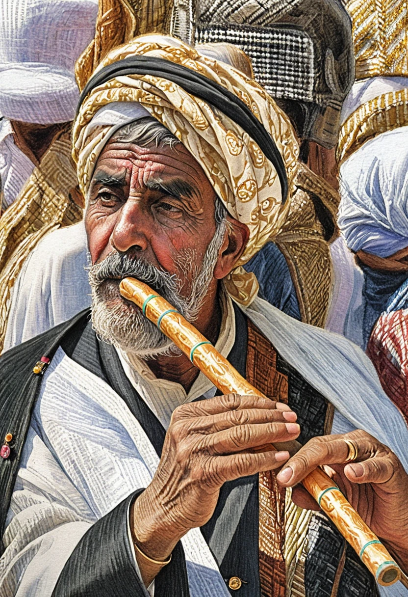 Retrato de idoso do Oriente Médio tocando flauta de madeira