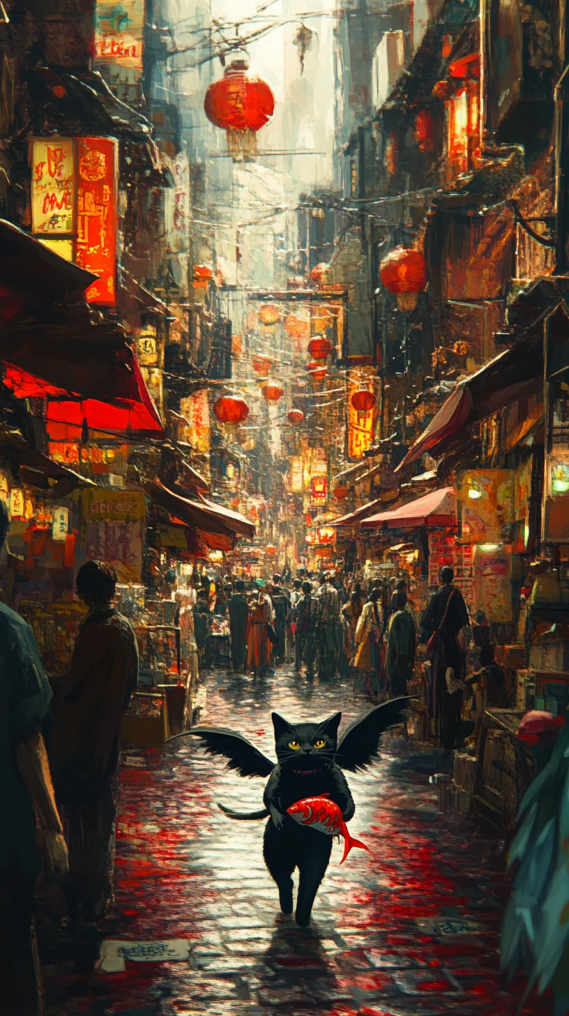 黒い翼の猫が人混みのファンタジー都市の街路を駆け抜ける