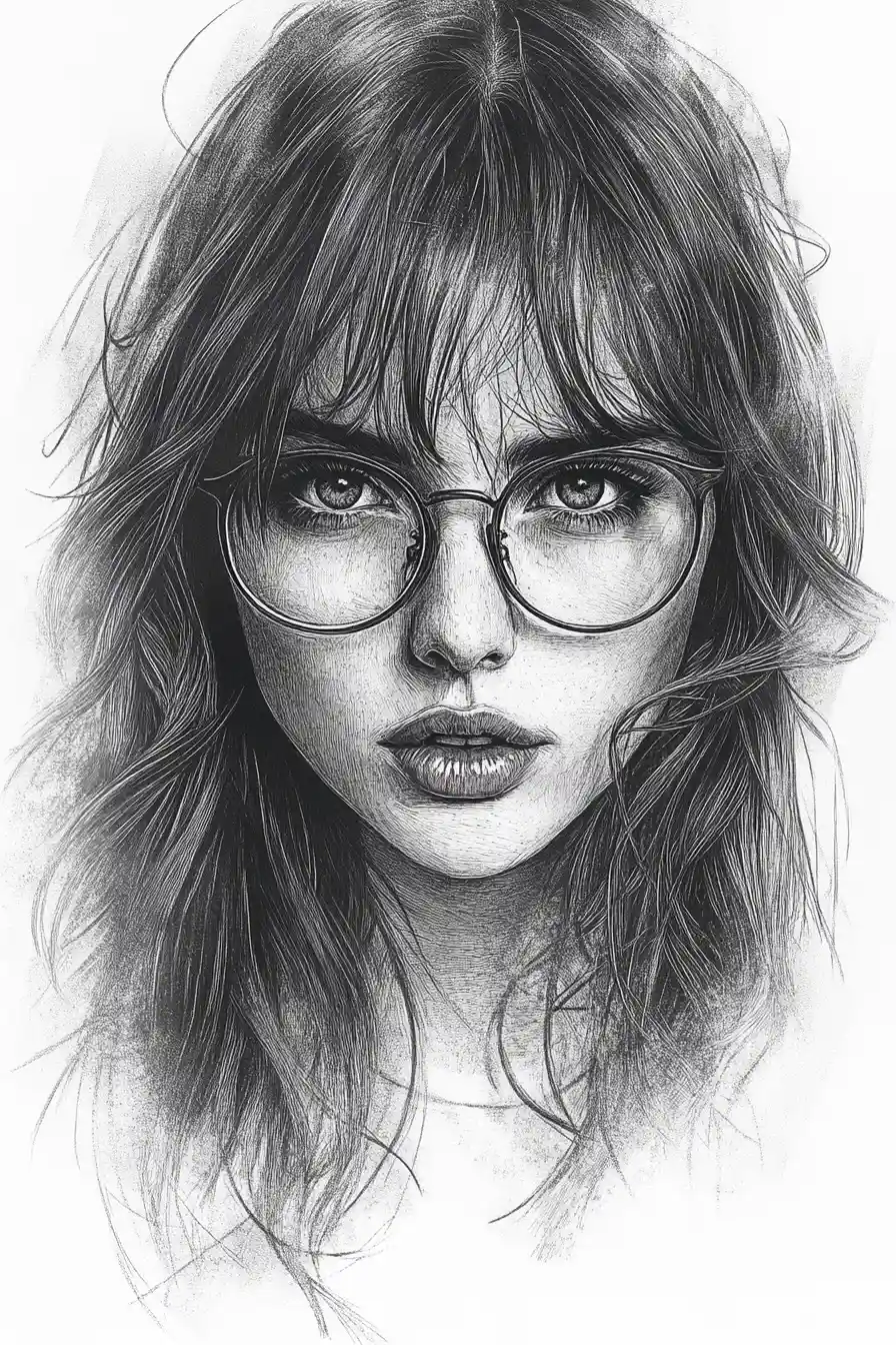 Ritratto contemplativo di ragazza in fine disegno a matita
